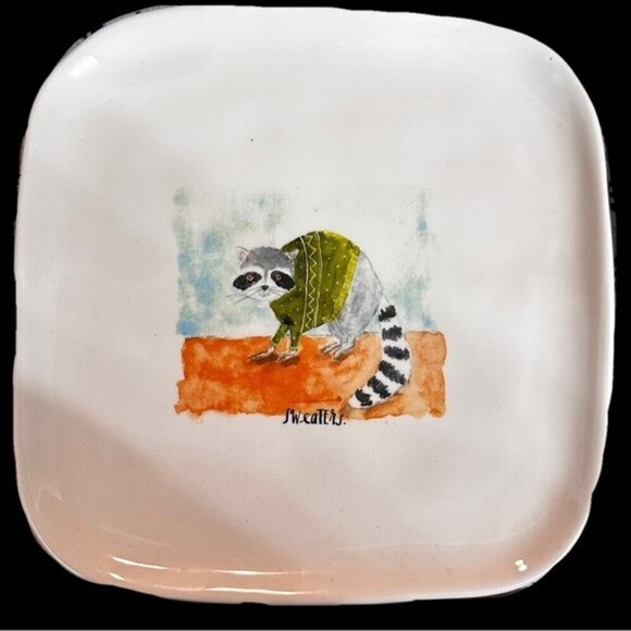 Rae Dunn Raccoon Sweaters Ceramic Square Serving Plate - Picture 1 of 5